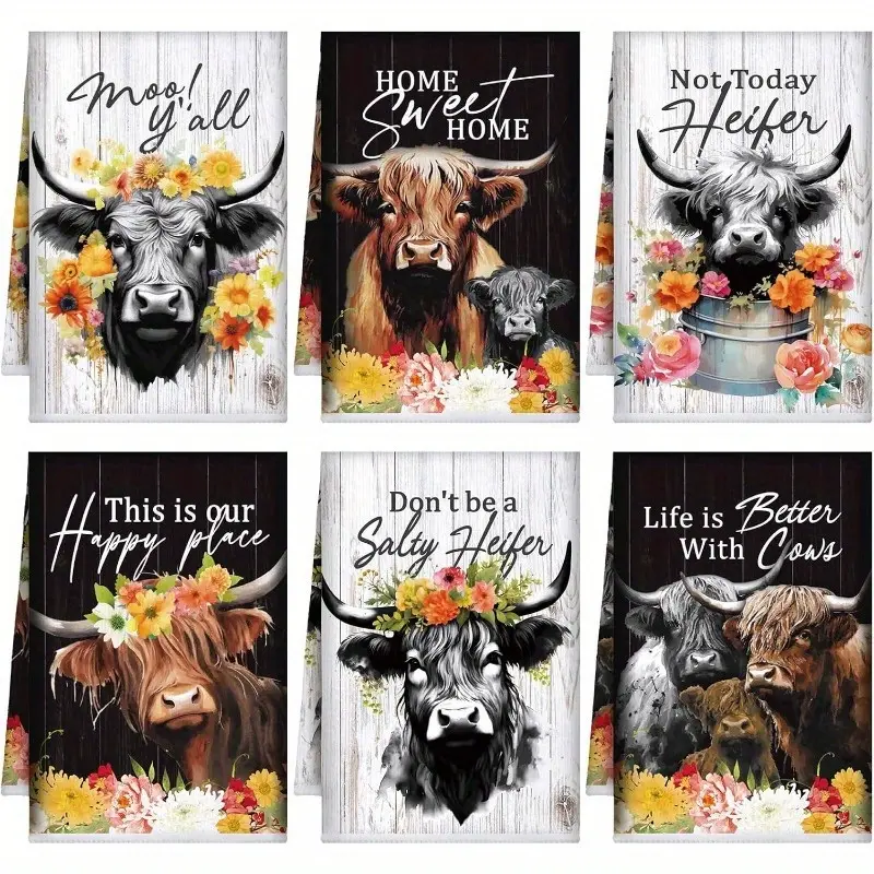 Funny Highland Cow Kitchen Towels Set of 6 (16x24 inch) - Rectangular, Smooth, Lightweight, Absorbent, Washable Microfiber Cleaning Towels with Digital Print Floral & Dark Barn Wood Design, Western Farmhouse Gift for Cow Lovers with Hilarious Quotes