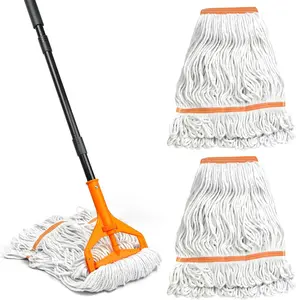 Heavy Duty Commercial Mop with 3 Replacement Heads, 55" Long Handle Professional Dry Wet Cotton Cleaning Tool for Concrete Tile Hardwood, Industrial String Floor Cleaner (Orange)