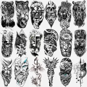 18-Piece Animal Temporary Tattoo Stickers, Fake Tattoos, Waterproof Angel Knight Lion Tiger Wolf Dragon Skull Design, Unisex Hand Leg Body Art Decorations