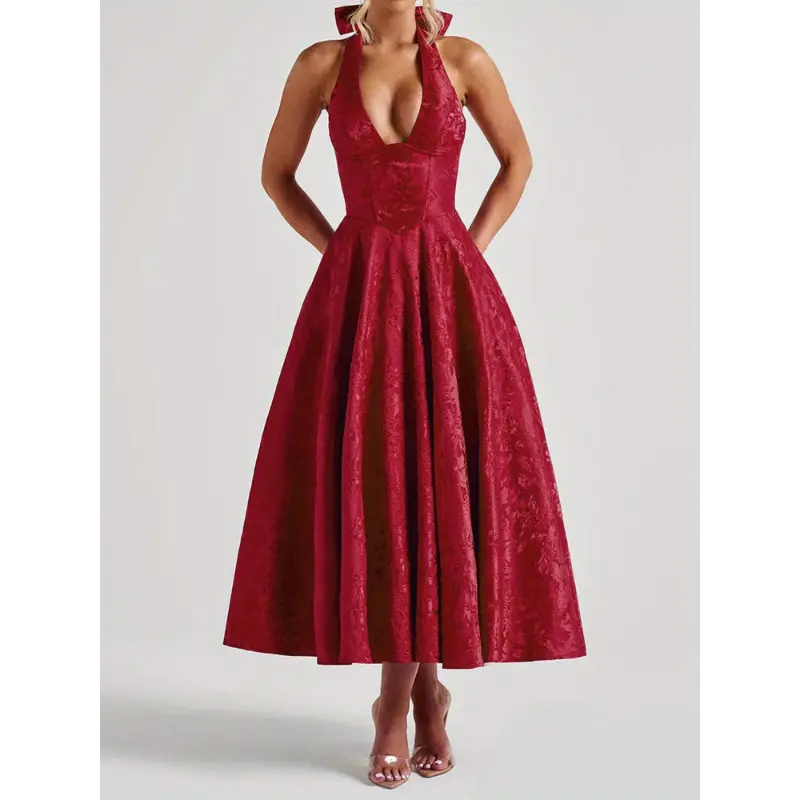 Women'S Elegant Jacquard Halter Neck Sleeveless Open Back A-Line Maxi Dress - Low-Cut Formal Party Evening Gown with Train, Solid White All-Season Evening Dress for Weddings, Proms & Special Occasions, Structured Waist & Flowing Skirt, Year