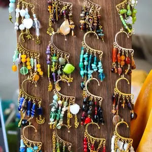 Ear Hangers Gemstone & Glass Bead Earrings with Multicolor Beads and Gold Tones for Stylish Accessory