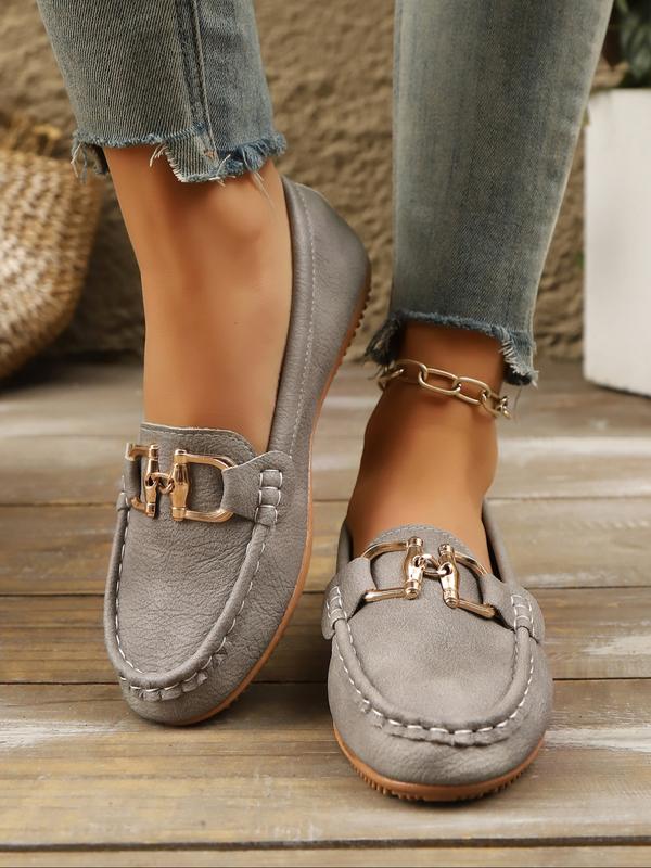Women's Casual Round Toe Loafers, All-Season Slip-On Shoes, Comfortable Walking Flats, Metal Buckle Decor, Ideal for Work & Daily Wear