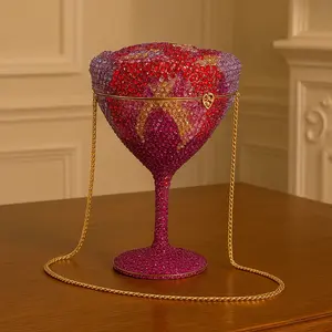 Goblet Rose Shape Rhinestone Clutch Glittering Prom Evening Bag Crystal Diamond Shoulder Purse for Women Wedding Party