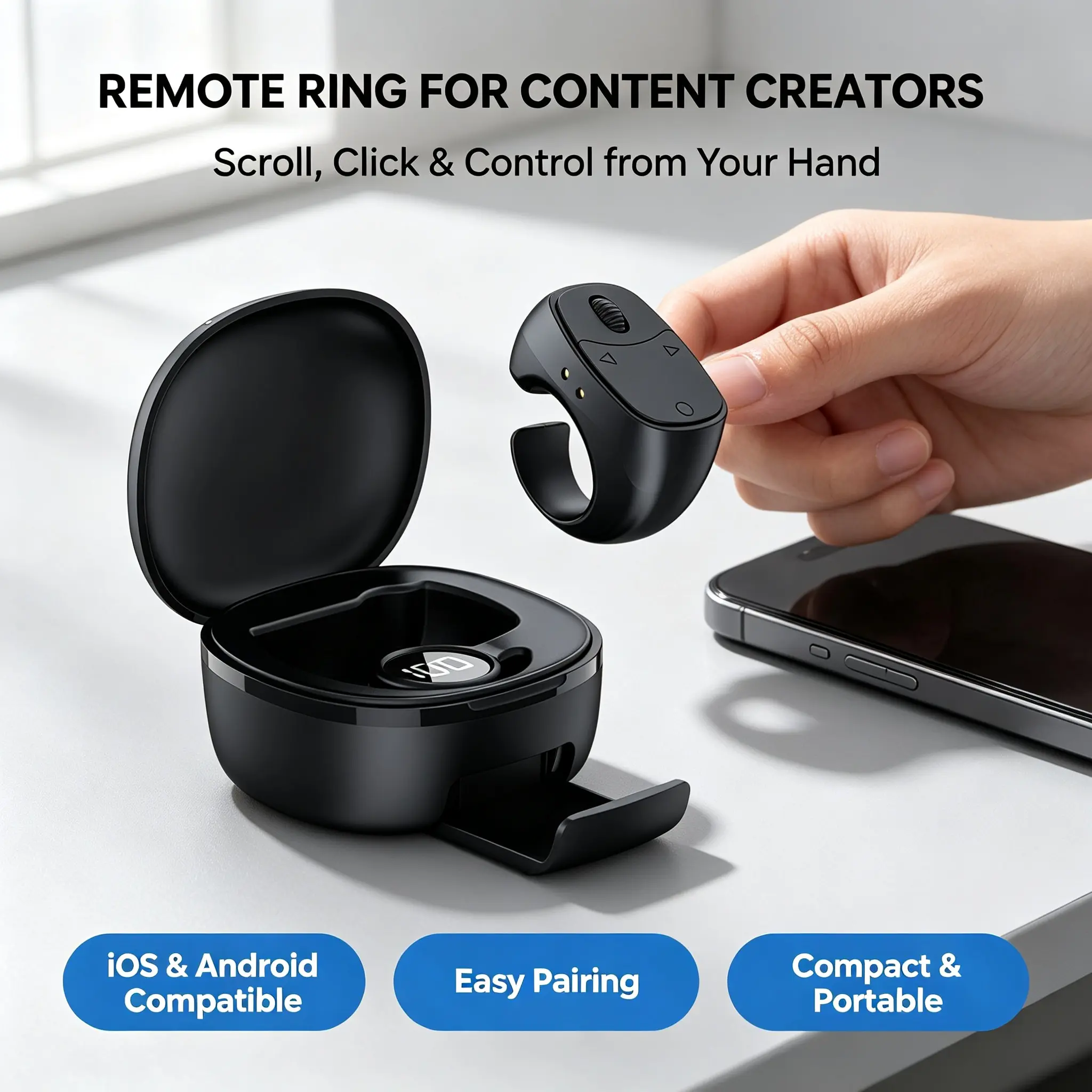 2026 New Portable Bluetooth Ring Remote Control for Short Videos & Selfies, Wireless Scroll and Camera Shutter Tool, Built-in Charging Case with Phone Holder, Works on iOS and Android Smartphones