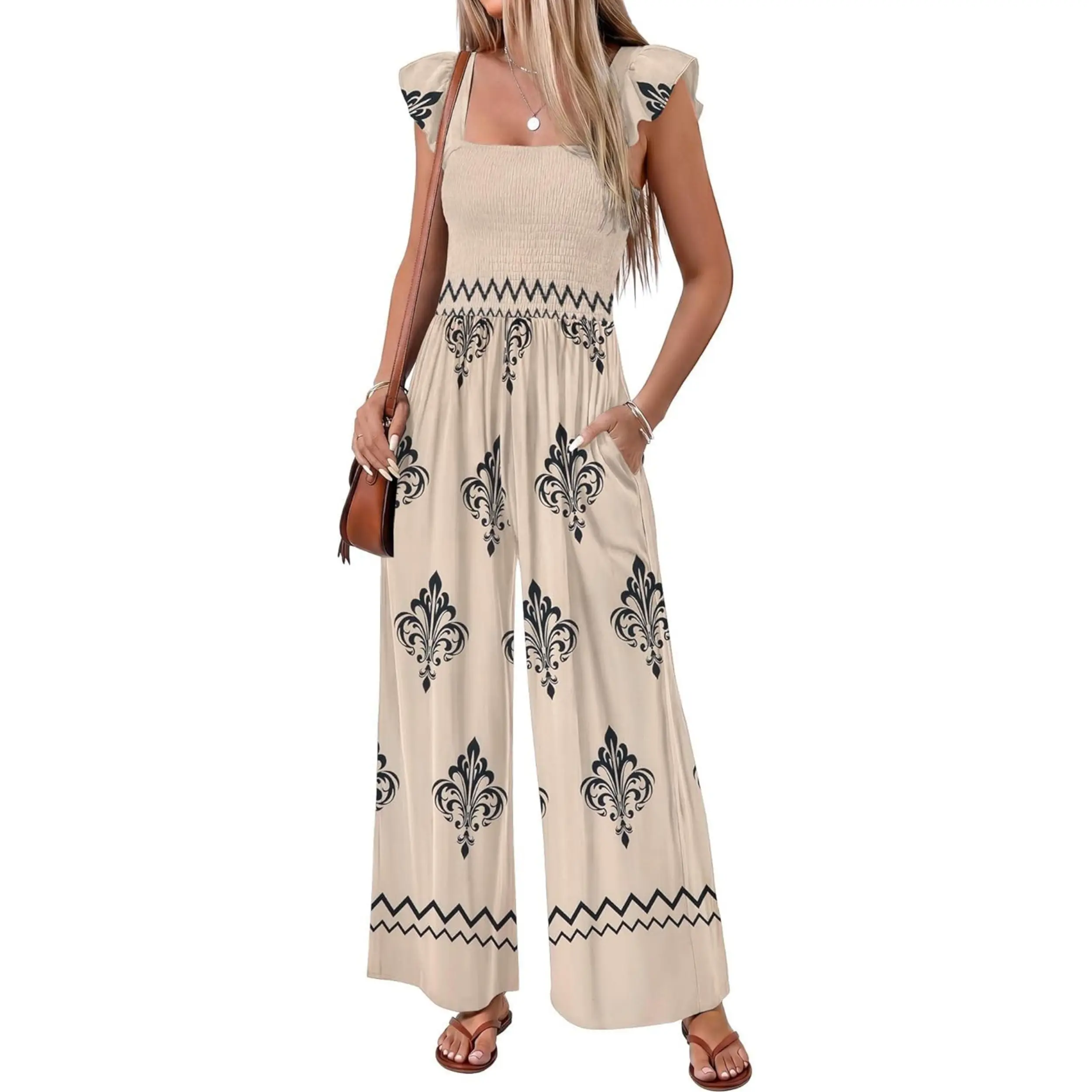 Ekouaer Women's Sleeveless Full-Length Boho Overalls - Purple Pink Floral/White Floral Print, Smocked Wide Leg, Embroidered Details, Pockets, Vacation Jumpsuits, S-XXL Womenswear Suits & Sets, Pocket Detail, Pocketed