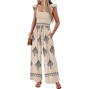 Ekouaer Womens Casual Jumpsuits Summer Bohemian  Outfits Printed Smocked Wide Leg Vacation Jumper With Pockets S-XXL Womenswear