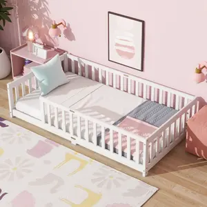 ARCH Twin Size Floor Bed with Fence without Door, Rubber Wood Floor Bed with Safety Guardrails,White