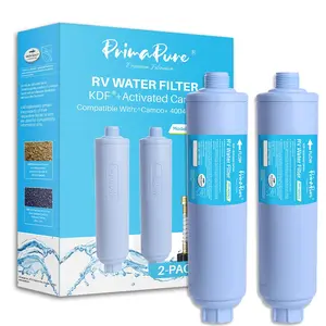 2-Pack PrimaPure RV Inline Water Filter KDF Activated Carbon Replacement for Camco 40043 Standard Water Hose, Garden Hose, Camping with 1 Flexible Hose Protector Certified To NSF/ANSI 42 by IAPMO R&T
