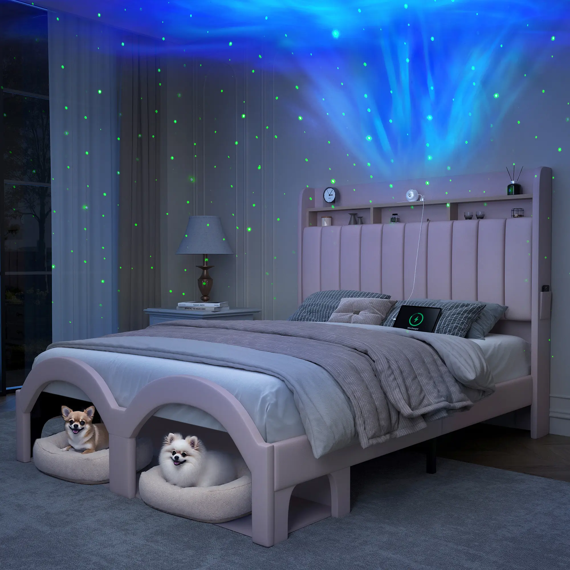 [Summerwins] SIBEDS LED Bed Frame with Galaxy Star Projector, 2-Tier Storage Headboard & Open Footboard Storage, Modern Aurora Upholstered Platform Bed for Teen Girls, Noise-Free Bedroom Furniture, Full/Queen