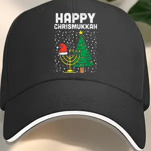 1 Piece Baseball Cap Men's Black Baseball Cap with Sandwich Brim Christmas Tree Candlestick Design Decorated with Happy Hanukkah Text Christmas Hat Snowflake Casual Holiday Hat Suitable for Christmas Hanukkah Celebration Casual Sun Hat#SandwichBrimBasebal