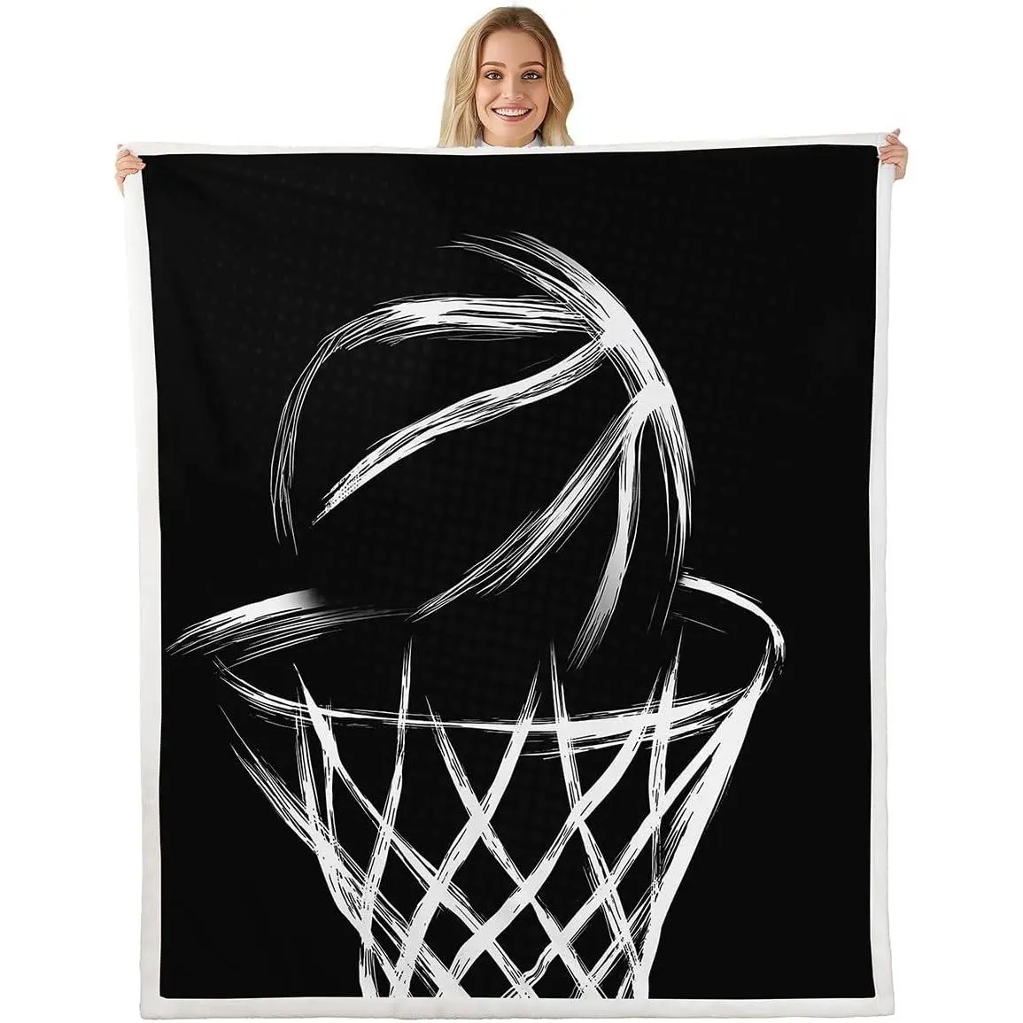 Basketball Hoop Blankets Abstract Basketball Throw Blanket For Kids Child Boys Girls,Black And White Fleece Blankets Competitive Games Teamwork Blanket,European Sports Ball Sofa Couch Decor