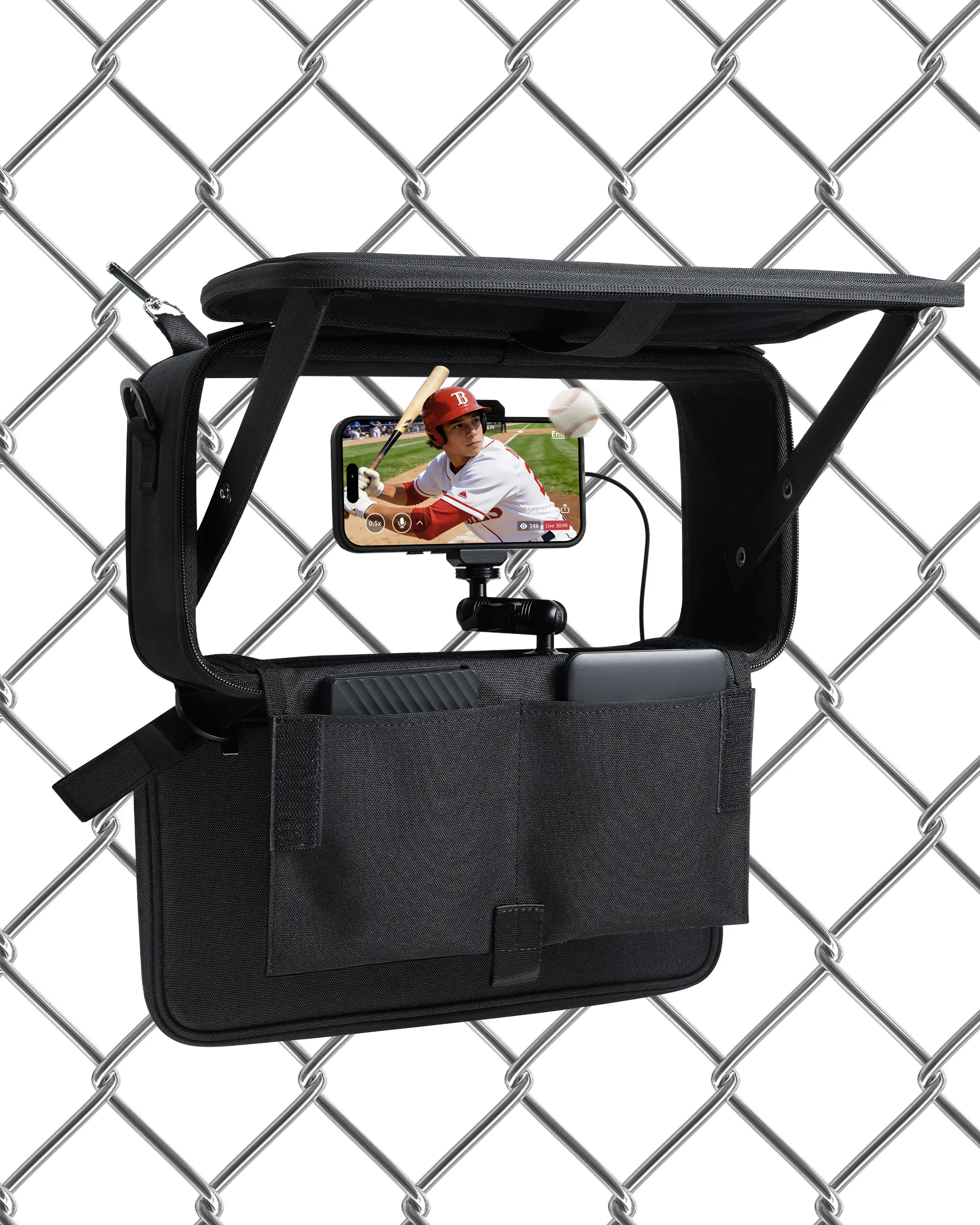 Stouchi Waterproof Smartphone Holder - Chain-Link Fence Mount, Compact Adjustable Fabric Accessory with Anti-Glare Sun Shade, Carry Bag, Game Essential for Baseball Coaches (Black), Accessories