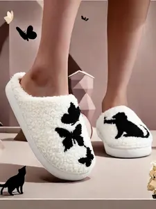 Women's Cartoon Cat & Butterfly Pattern Fluffy Slippers, Casual Soft Comfortable Home Slippers, Warm Slippers for Indoor & Outdoor Use for All Seasons