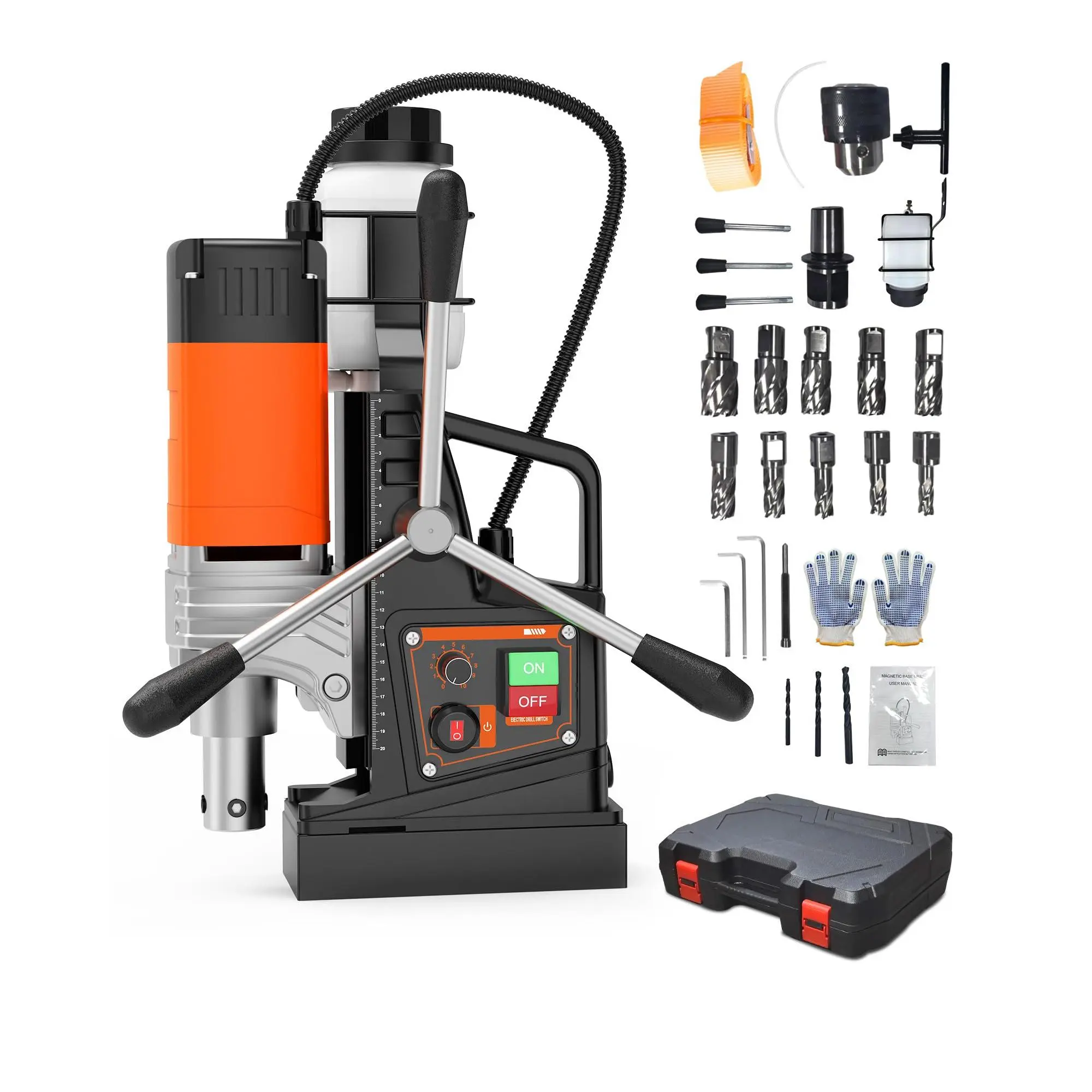 GARVEE Magnetic Drill, 1750W 2" Boring Diameter, 2922Lbf Power Portable Magnetic, 810 PRM, 10-Speed，with 10Pcs Drill Bits 3Pcs Twist Drill and 1Pcs Plastic Box for Metal Surface, Industrial