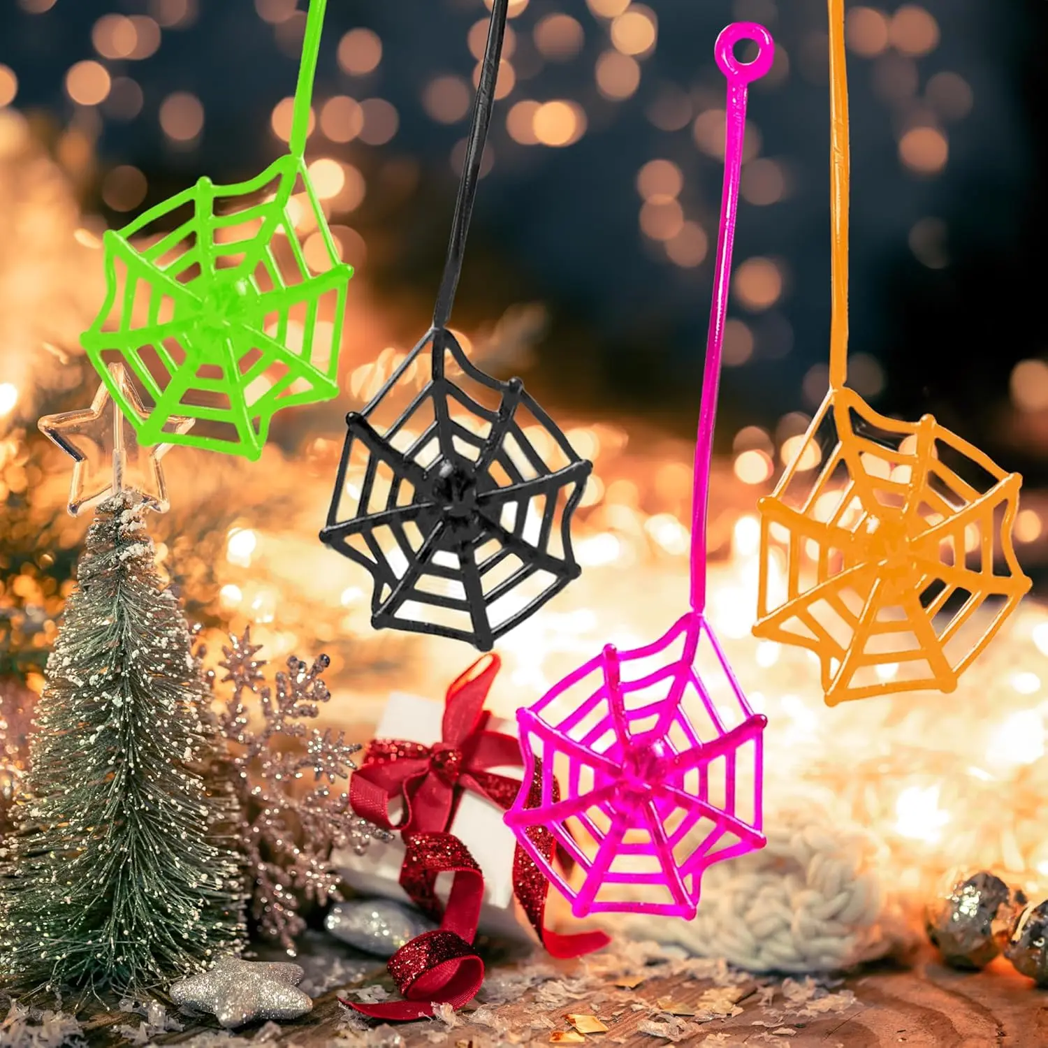 Glow Fever 24Pcs Non-Toxic Multicoloured Durable Rubber Sticky Spider Web Party Favors Pack - 7.5in Hanging Ornaments, Halloween Decorations, Kids' Gifts for Family, Stress Relief Supplies