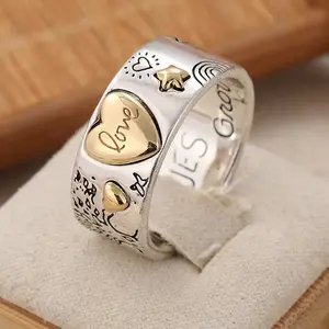 Fashionable Graffiti Two-Tone Heart Star Ring, Handcrafted Equestrian Silver Color Ring, Perfect for Music Festivals and Daily Wear