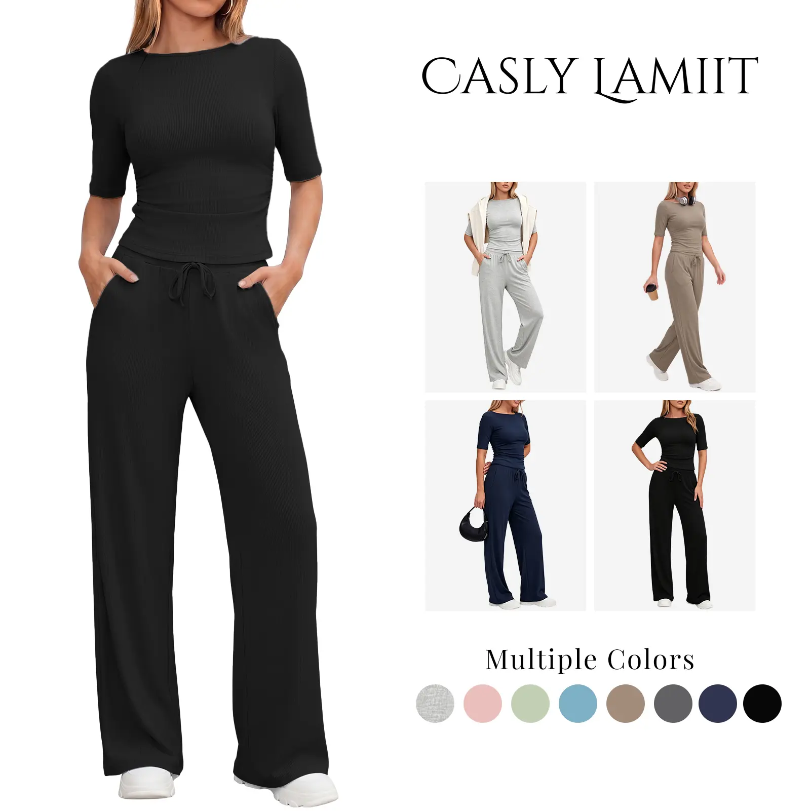 Casly Lamiit Women's 2-Piece Minimalist Light Basic Soft Stretchy Lounge Set - Ruched Short-Sleeve Button Blouse, Wide-Leg Pocket Pants, Sporty Summer Outfits,summeroutfits,vacationoutfits,bathingsuitwomenset,beachoutfits