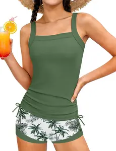Girls Tankini Swimsuit Two Piece Bathing Suit Square Collar Drawstring Tank Top with Shorts Girls Swimwear for 9-16Y
