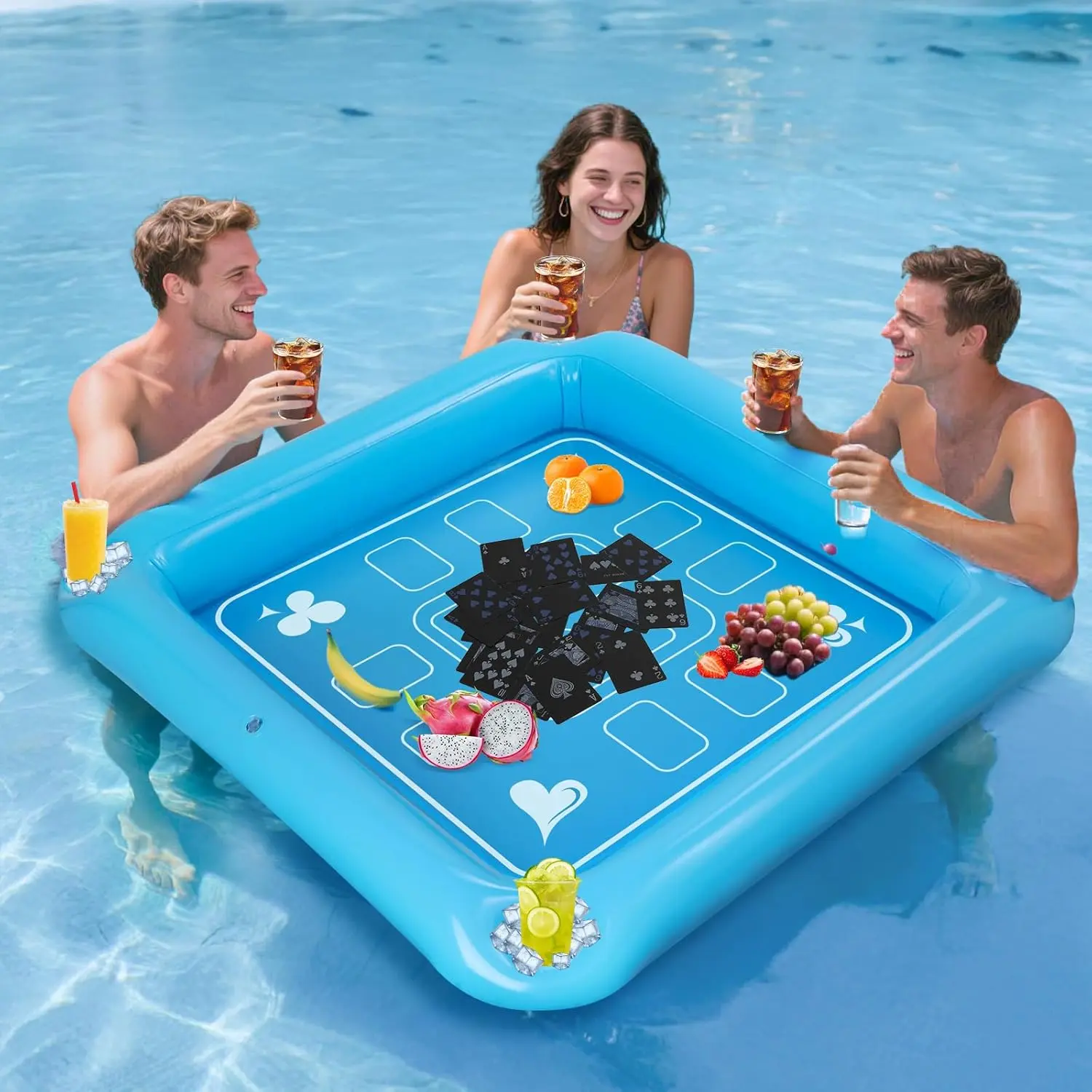 Floating Game Table for Pool - 40"x40" Inflatable Floating Table for Pool with Waterproof Playing Cards, Large Pool Float Drinking Table, Pool Float Drinks for Adults Outdoor Summer Beach Party Lightweight Mallet Putter with Alignment Light