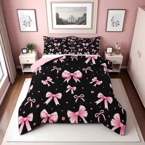 Feelyou Pink and Black Bow Comforter Set - Cute Coquette Ribbon Bedding for Girls, Princess Pink Bow Tie Quilt, Kawaii Bowknot Bedroom Decor