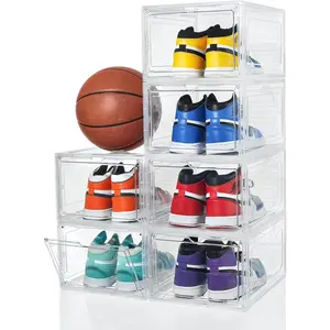 Shoe Organizer Shoe Storage Boxes, 6 Pack Large Drop Front Shoe Boxes with  Door, Clear Plastic Stackable Shoe Containers (Clear White)