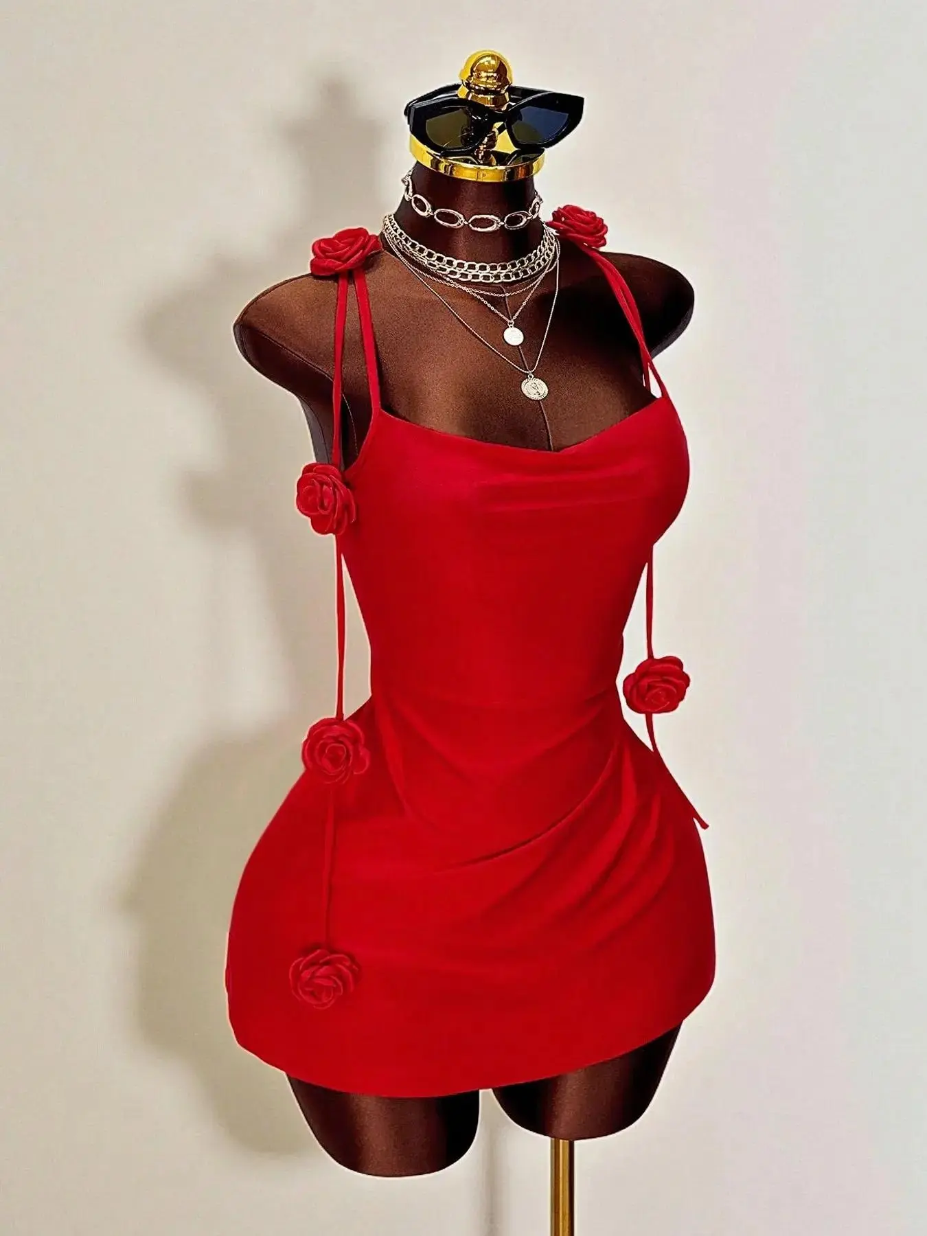 1 Spring Summer Red 3D Rose Mini Dress Women | Lady Double Spaghetti Strap Sleeveless Bodycon Short | Y2K Coquette Baddie Style for Date Night Valentine's Day Party Wear Womenswear Cocktail Dresses, elegant silhouette
