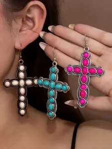 Trendy New Cross Earrings High-End Vintage Bohemian Style Turquoise Drop Earrings Unique Exaggerated Jewelry for Women Alloy Material Cross Design