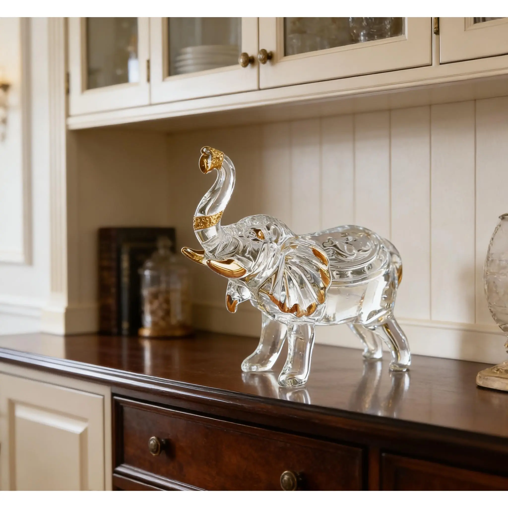 Handmade 8.5x8.5cm Crystal Thai Elephant Statue - Raised Trunk Animal Luck Symbol, Classic Sparkling Glass Desktop Figurine, Modern Home Decor, Table Centerpiece, Birthday Gift for Friends, Home Office Decor
