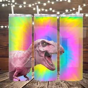 Neon Trex 20 oz Tumbler Lost Boys Stainless Steel Cup Lid Straw Bottle, Drinkware Insulated Reusable tumblr tumblers perfect gift Dino Tie Dye Dinosaur