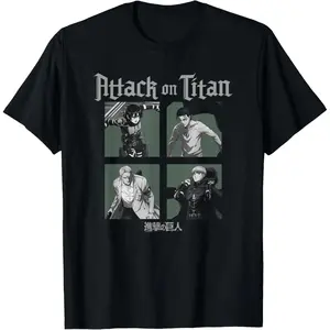 Men's Natural Cotton Round Neck Regular Fit Fashion T-Shirt - Attack on Titan Season 4 Character Portrait Squares Graphic, Streetwear Short-Sleeve Casual Top