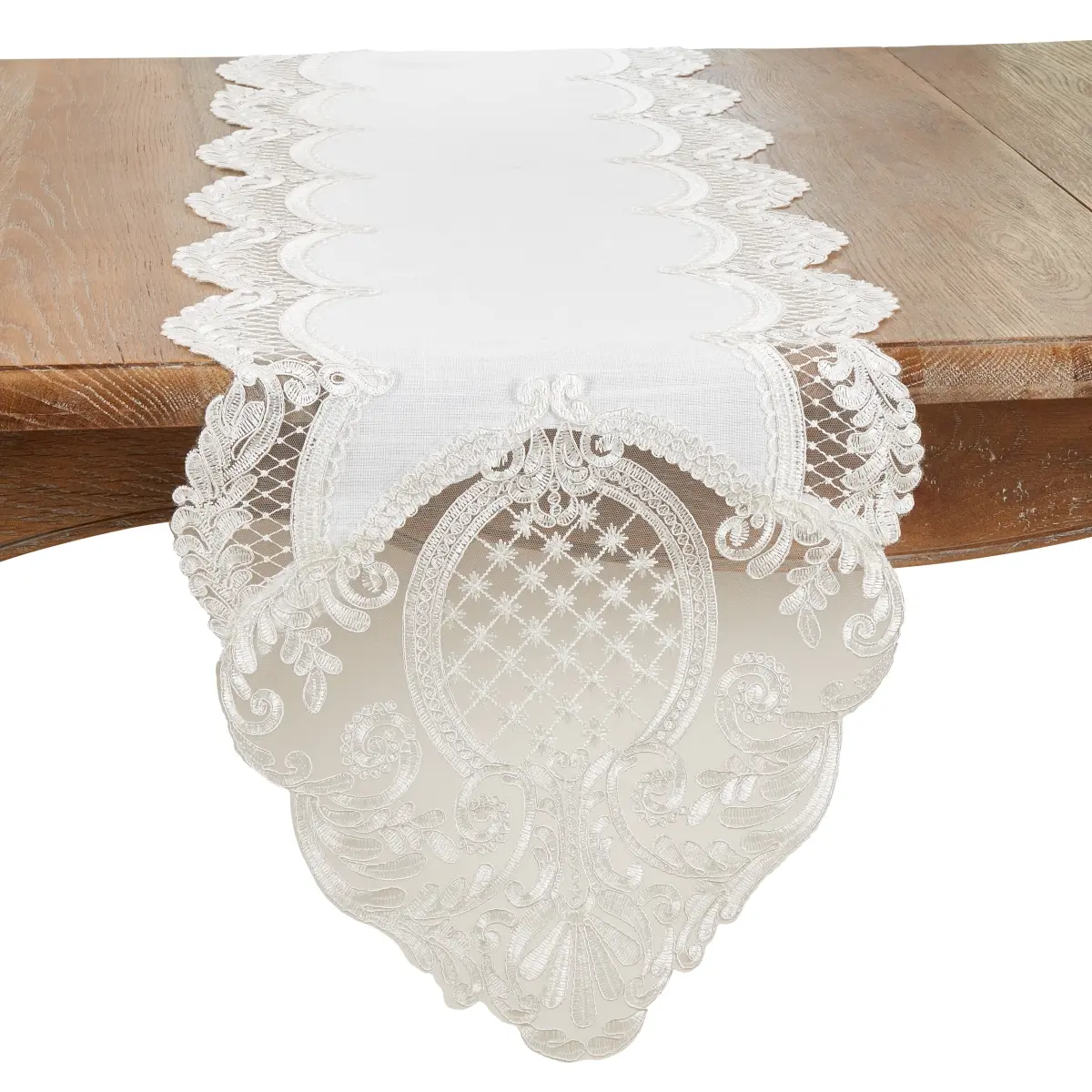 16 x 90 in. Timeless Beauty Embroidered Lace Oblong Table Runner, White, Table Setting, Lace Embroidery, Oblong Shape