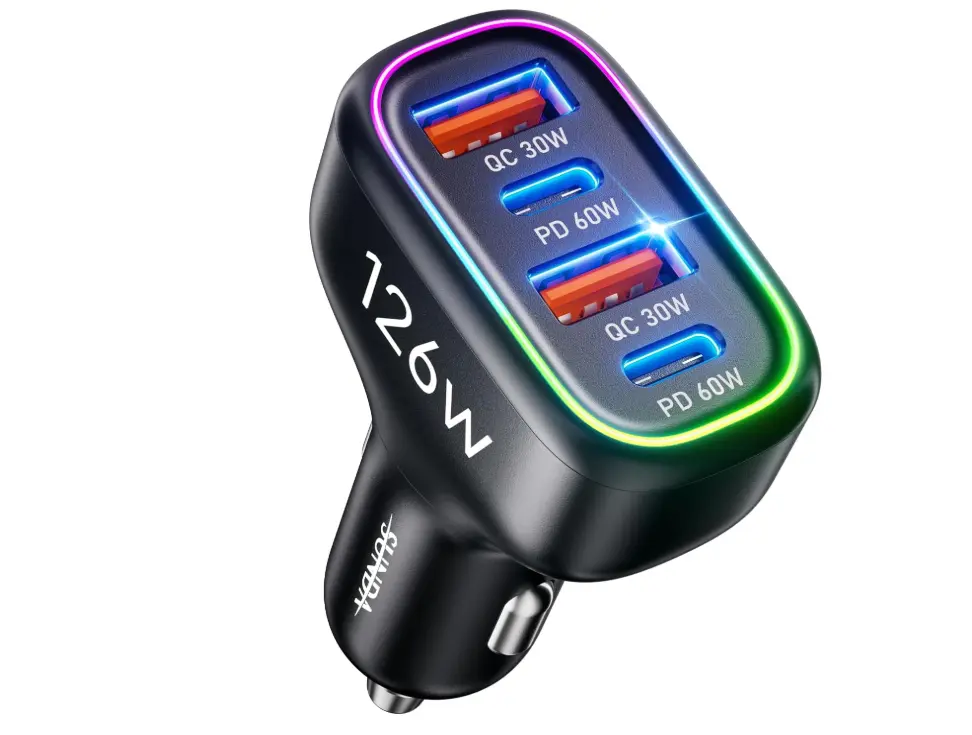 SUNDA 126W USB C Car Charger, 4-Port (2 USB-C + 2 USB-A) QC30W+ PD60W+PPS63W Fast Charging Cigarette Lighter Adapter for iPhone 17/16/15/Pro Max, Samsung Galaxy S26/S25/Ultra, MacBook/iPad/Laptop.