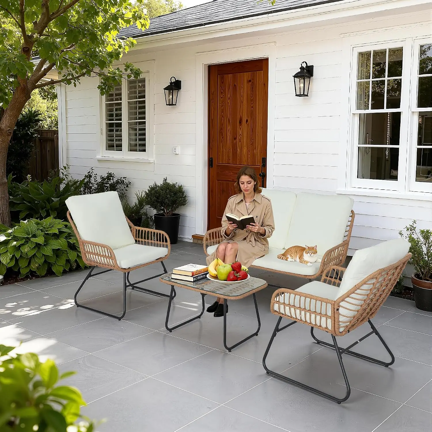 4 Pieces Outdoor Patio Furniture Set,Patio Conversation Set,Rattan Wicker Bistro Sets with Loveseat Chairs and Modern Coffee Table for Backyard Deck Balcony and Garden Lounge Spaces
