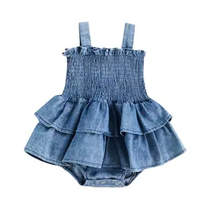 Baby Girls Summer Denim Smocked Romper Dress Newborn Clothes Ruffled Hem Onesie 3 6 9 12 18 Months Jumpsuits Outfits Soft Breathable Denim Material
