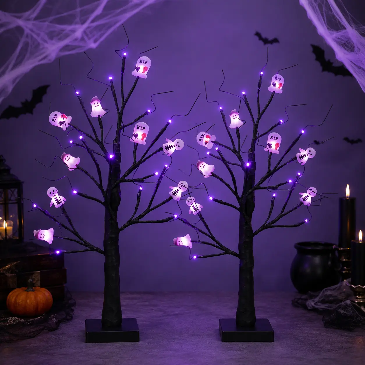Halloween Black Ghost Tree 2-Piece Boxed Set - Spooky Light-Up Decorative Lights, 3 AA Battery-Powered (Batteries Not Included), Irregular Form, Halloween Aesthetic Nostalgic Home Decor