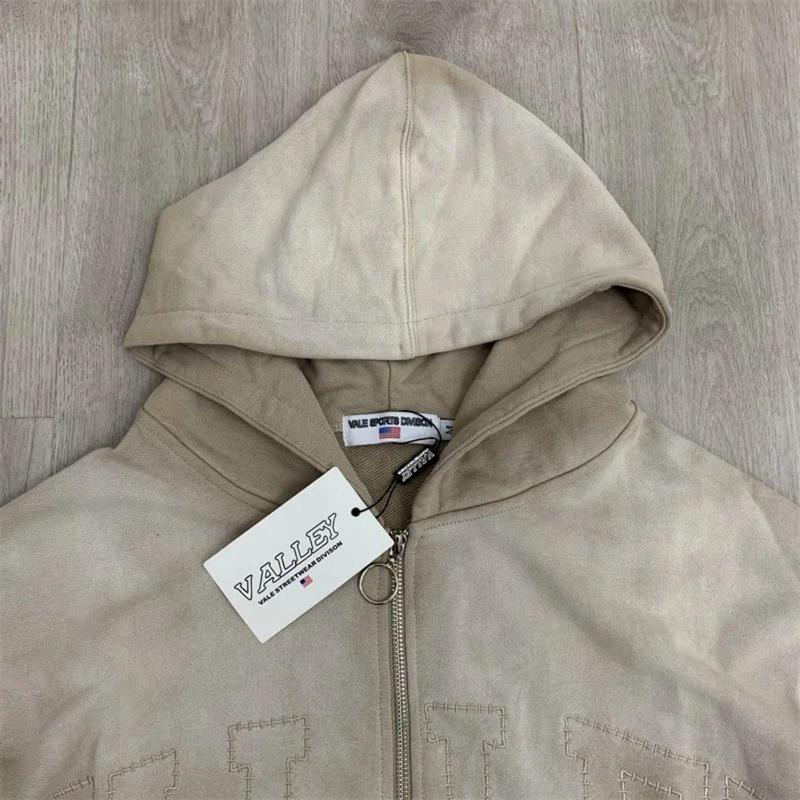 Ebb Supply Red Washed VALLEY Oversized Hoodies Men Women American Pure Cotton Vale Embroidered Logo Zip Jackets Casual Outerwear