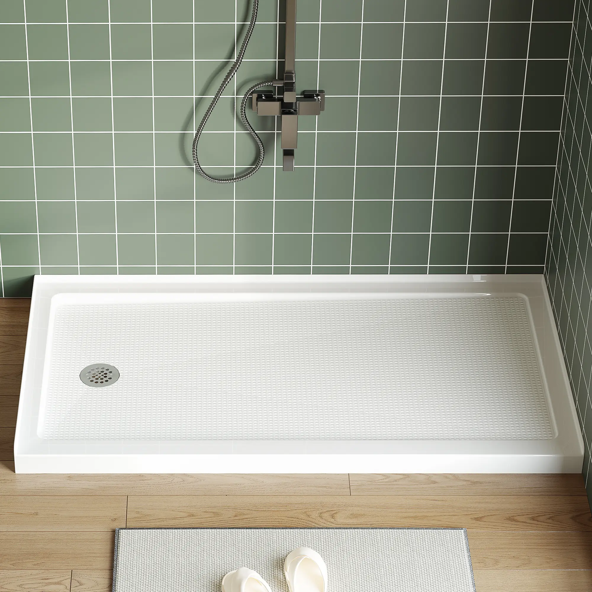 Non-Slip Shower Pan 60x32 Inch, Left Drain - Durable ABS & Acrylic Base - Lightweight, Easy Install & Clean - Stainless Steel Drain Cover Included - Ideal for Bathroom, RV, Mobile Home - Single Threshold