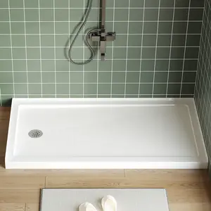 Non-Slip Shower Pan 60x32 Inch, Left Drain - Durable ABS & Acrylic Base - Lightweight, Easy Install & Clean - Stainless Steel Drain Cover Included - Ideal for Bathroom, RV, Mobile Home - Single Threshold