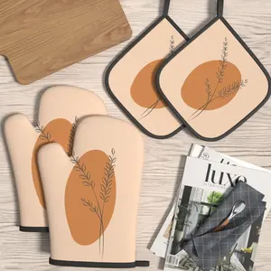 4pcs Oven Mitts And Pot Holders Minimalist Olive Branch and Terracotta Heat Resistant Oven Mitts And Pot Holders Sets Suitable For Cooking, Home Oven, Baking, Kitchen Decoration, Housewarming Gifts