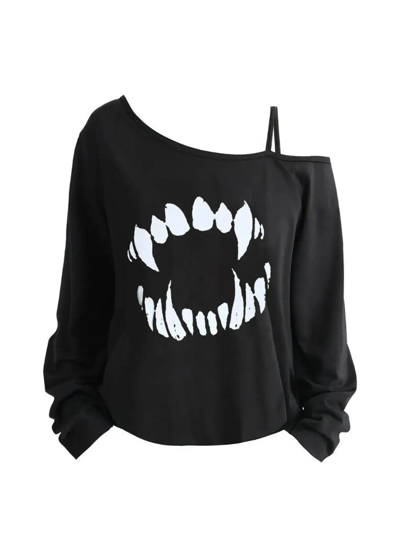 Spring Summer New Trend Casual Sexy Asymmetrical One-Shoulder Long Sleeve Loose Fit T-Shirt Top for Women, Fashion Teeth Mouth Pattern, Y2K Streetwear Style