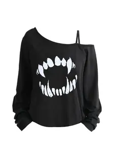 Spring Summer New Sexy Asymmetrical One-Shoulder Long Sleeve Loose T-Shirt for Women, Fashion Teeth Mouth Pattern, Y2K Street Style
