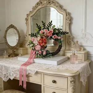 Artificial Peony Rose Wreath with Eucalyptus Leaves and Ribbon, Rose Flower Design, Decorative Flowers, Spring Summer Wedding Front Door Decoration, All-Year-Round Use