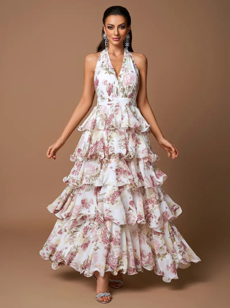 flower backless dress Long Blue and White Floral-Print Prom Dress with Beads– PromGirl