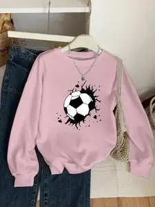 Sporty Personalized Soccer Print Sweatshirt Long Sleeve Womenswear, Graphic Round Neck, Casual Fitted Pullover for Spring Fall