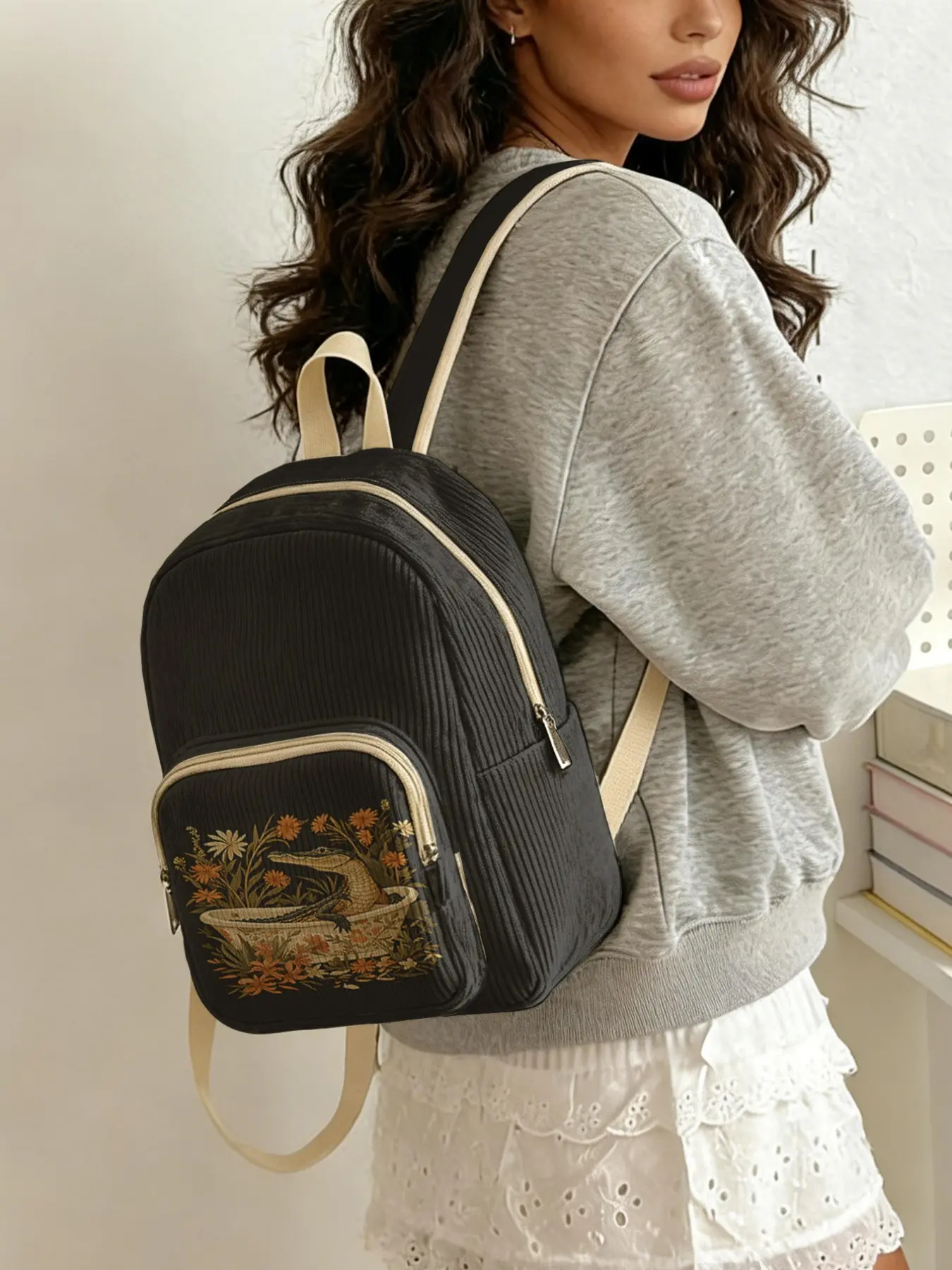 1 piece of crocodile floral pattern 2D printed ladies' backpack, corduroy texture + layered storage + light weight reduction | perfect for students going to class/shopping/short trips | atmosphere and practicality combined