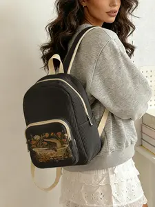 1 piece of crocodile floral pattern 2D printed ladies' backpack, corduroy texture + layered storage + light weight reduction | perfect for students going to class/shopping/short trips | atmosphere and practicality combined