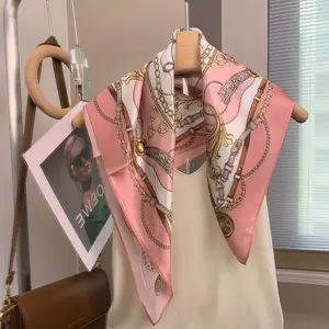 Elegant Pink Silk Scarf for Women - Boho Style, 100% Silk Square Towel, Breathable Decorative Neck Scarf with Chain and Medallion Print for Night Out, Windproof, Dry Clean Only