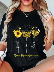 100% Cotton Spina Bifida Awareness Faith Hope Love Leopard Sunflower T-Shirt