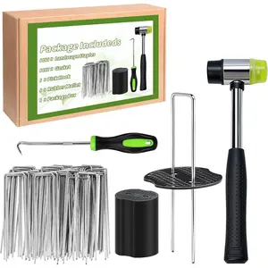 6 Inch Garden Stakes, 100 count Landscape Staples + 100 count Gasket + Pick Hook + Rubber Mallet, Landscape Fabric Stakes Pins 11 Gauge Landscape pins Lawn Staples for Weed Barrier  Cover (100)