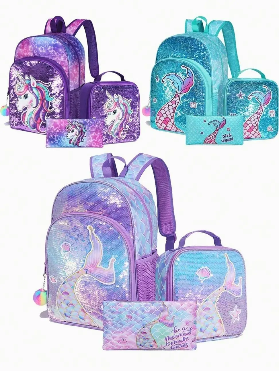 Girls 3PCS 16-Inch Sequin Backpack Set, Lightweight School Bookbag with Matching Handbag & Pencil Case, Cute Sparkly School Bag for Elementary, Primary & High School, Travel & Daily Use